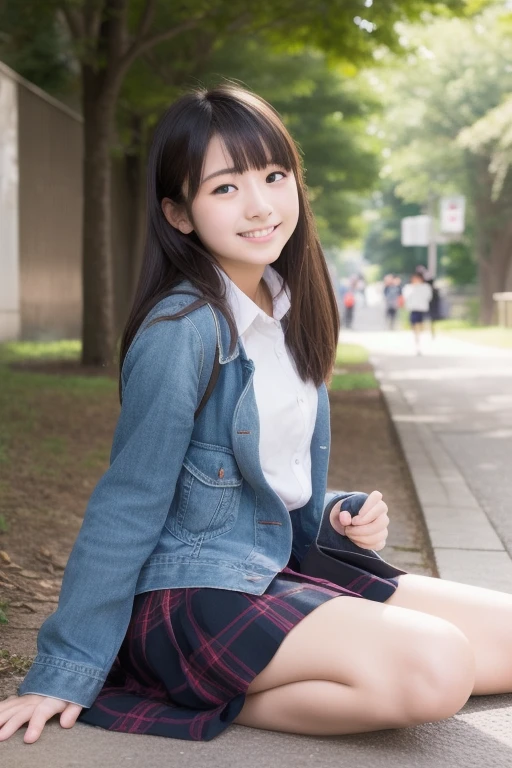 1girl,8k, RAW photo, best quality, masterpiece, realistic, photorealistic, smile, schoolgirl uniform, cute,streets of tokyo, cityscape, upper body,squatting,asuka saito,