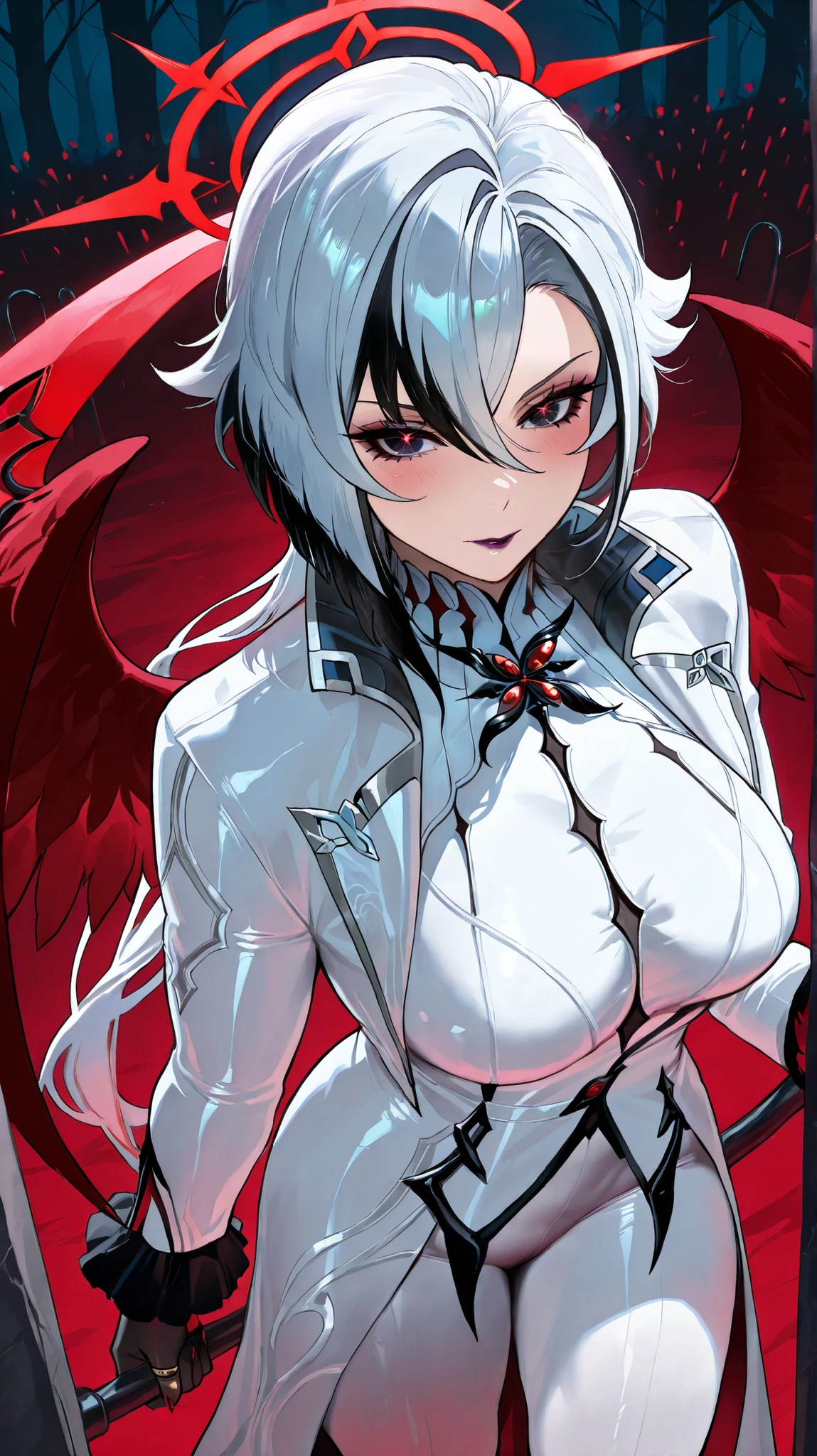 masterpiece, best quality, amazing quality, very aesthetic, Abdominal musclesurdres, high-contrast colors, High color gamut,glare,newest,2.5D,Volumetric Lighting,
(Top view,) Hook of Holland,
1 Girl, medium sized breasts, Bracket ,sparkling eyes,Abdominal muscles,strong, strong的身体, (angelic red wings made of blood:1.1), bloody scythe in the hand,Smooth Skin, (white skinny latex coat:1.3),white glowing aura, white pantyhose, Bracket , looking at the audience, insidious smile , blush, dark forest ,dark scary trees in the background,red background,
arlecchino Genshin Impact, White hair, colorful hair,
, dark purple lips, Dark Makeup,High quality cosmetics, beautiful makeup,(black forearms and hands with five fingers and claws:1.1),Aleria,