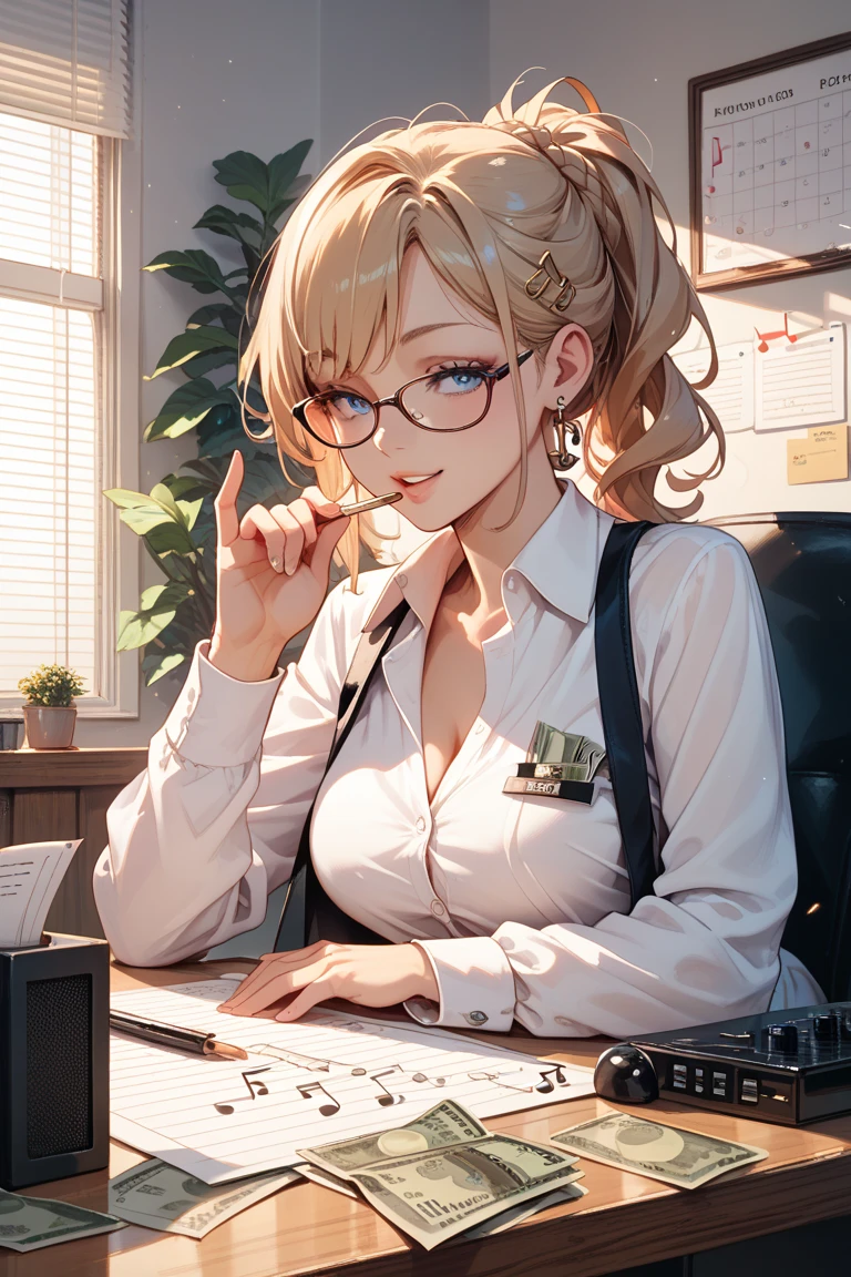 A formal grey suit。He is wearing a slightly open white shirt underneath.、There are some buttons left open at the top。Parting my hair、Lips slightly open。At night in the office, only the computer light is on。A woman smirking, sticking out her tongue and peering at me.。The open buttons on her shirt reveal her cleavage and her lacy green bra.。Focus on the chest and face。Blonde Bob Cut、Round glasses with gold rimmes、Small face。
