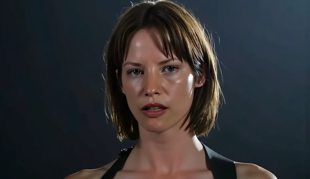 ((full nude)),((1woman)),((full body)),((as kristanna loken)),((terminator T-X)),blonde hair,((official hairstyle)),(green eyes),pointy breasts,standing,from fiont,clear face,expressionless,masterpiece,