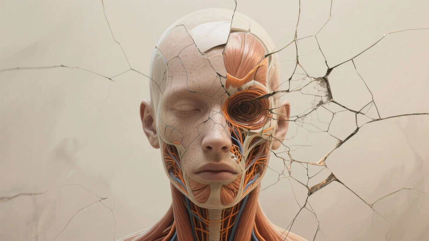 best quality, master part, ultrahigh-resolution, (fotografia realista:1.4), Surrealismo, Semelhante a um sonho,FusionArt, Humanos demonstrando com olhar triste e desesperador , in your transparent head, Inside there are creatures with human emotions, representando a sua mente.