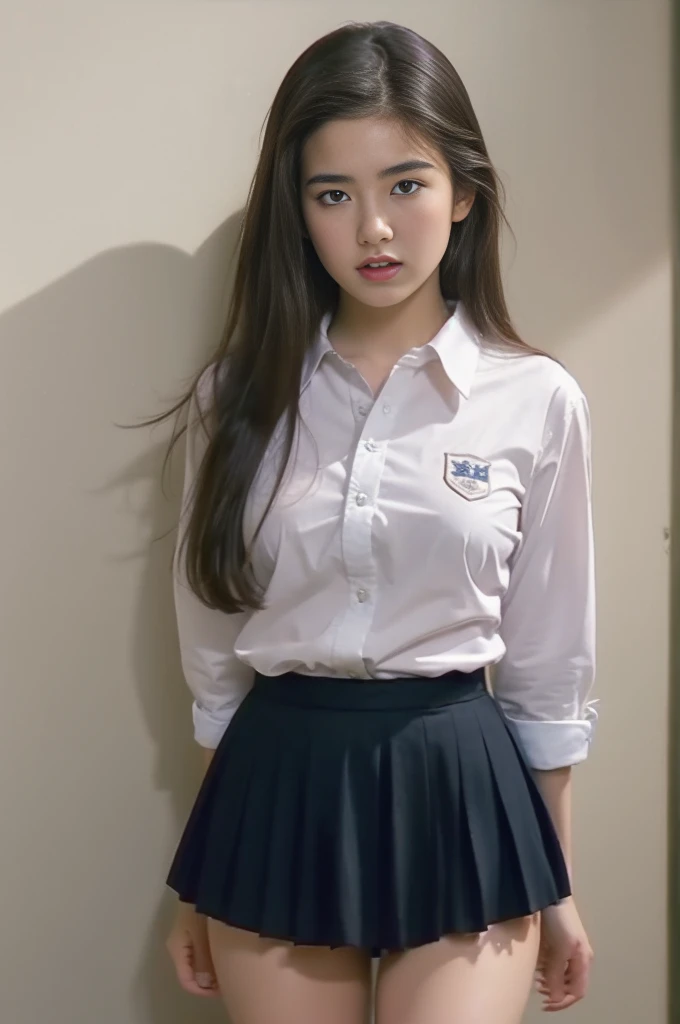 A beautiful girl with straight black hair, Half bangs, king, Brown eyes, dressed in a white uniform and blue skirt