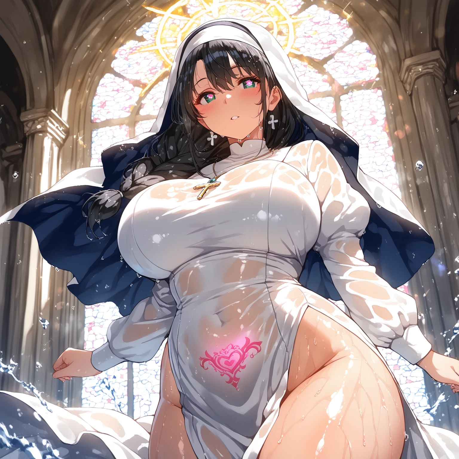 masterpiece, best quality, very aesthetic, absurdres, 1girl, mature_lady,nun_clothes,black_and_white_clothes, nun_headcovering crucifix, praying, interlocked fingers,closed_eyes,tears_in_eyes, head down,holy_light ,bathed in divine light,,kuroyukihime, accel_world, 1girl, antennae, black_hair, long_hair, very_long_hair, red_eyes, butterfly_wings, insect_wings, wings, hair_ornament,,rose,dark_background, flower, ice_flower, icicle,,floating_clothes,covered_nipples, (areola_slip:0.8)
