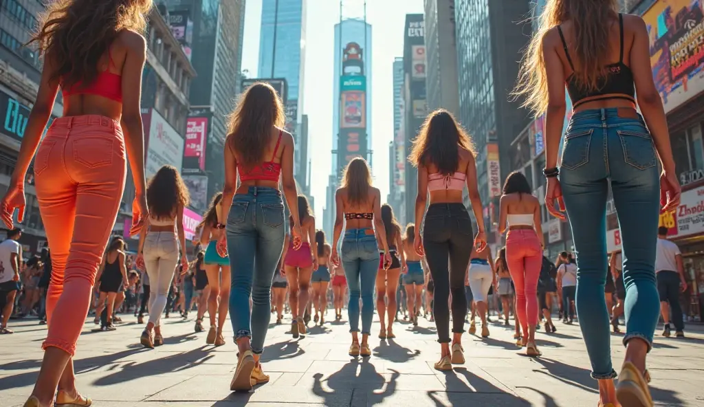 (Optical Realism:1.2), 12 beautiful school girls, Wear sexy lingerie, European straight blonde and brown hair, Standing in a line in the middle of a city street with many buildings., Talking sadly, realistic, complicated details