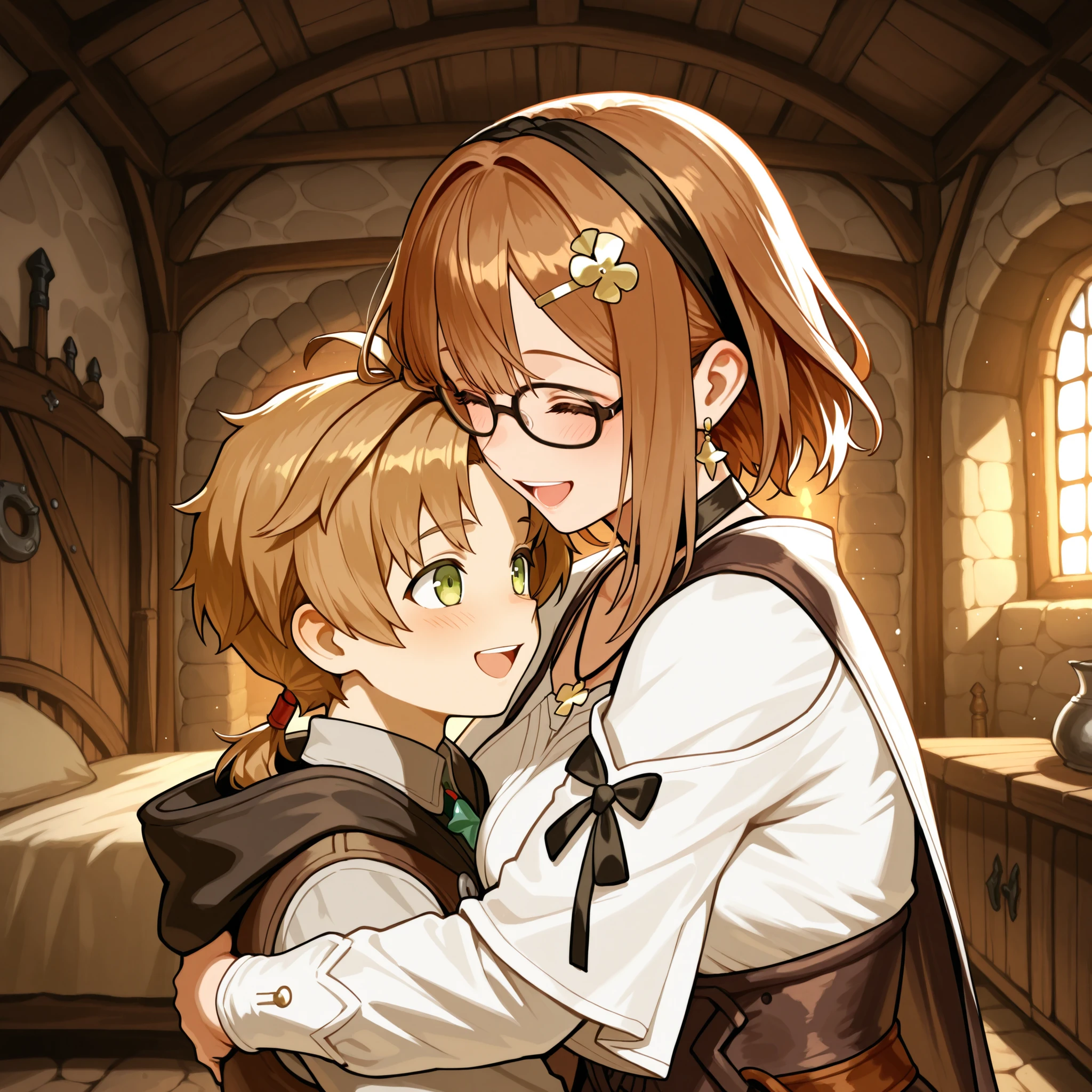 Love couple, older woman with younger man, Rudeus Greyrat and Ryza, glasses, happy looking, medieval room, hugging each other, masterpiece, best quality, High resolution