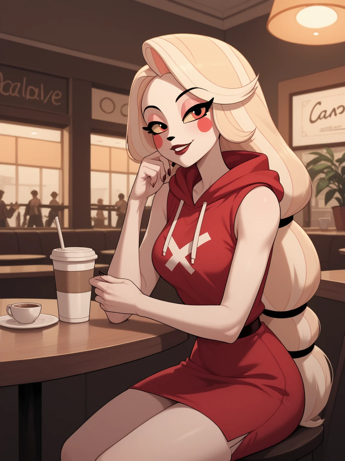 ((masterpiece, best quality)), anime style, <lora:more_details:0.5>, <lora:Mina_Pokemon_v2:0.8>, mina (pokemon), long hair, eyelashes, half-closed eyes, facepaint, solo, smile, looking at viewer, cowboy shot,, turtleneck sweater, earrings, library, cup of coffee, sitting at table