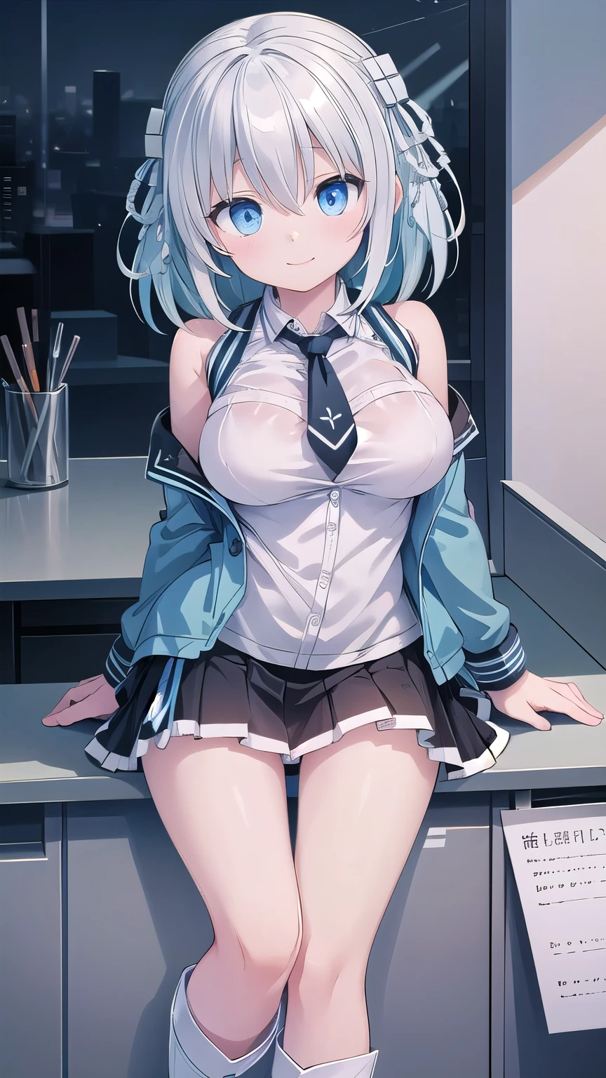 ((highest quality、High resolution、ultra detailed, 8K、masterpiece:1.8))、dynamic angle、I can see the whole body、wallpaper、1 girl、unparalleled beauty、ultimate beauty、super detailed face、delicate eyes、blue eyes, loving smile、sexy look、shirtlift tease, looking at the camera、Depth of bounds written、light particles、side light、ponytail、silver hair、white hoodie、black shortskirt, cropped hoodie underboob, Exposed underboob, huge breasts, white stockings, Sneakers、slim、slender、Street park ,