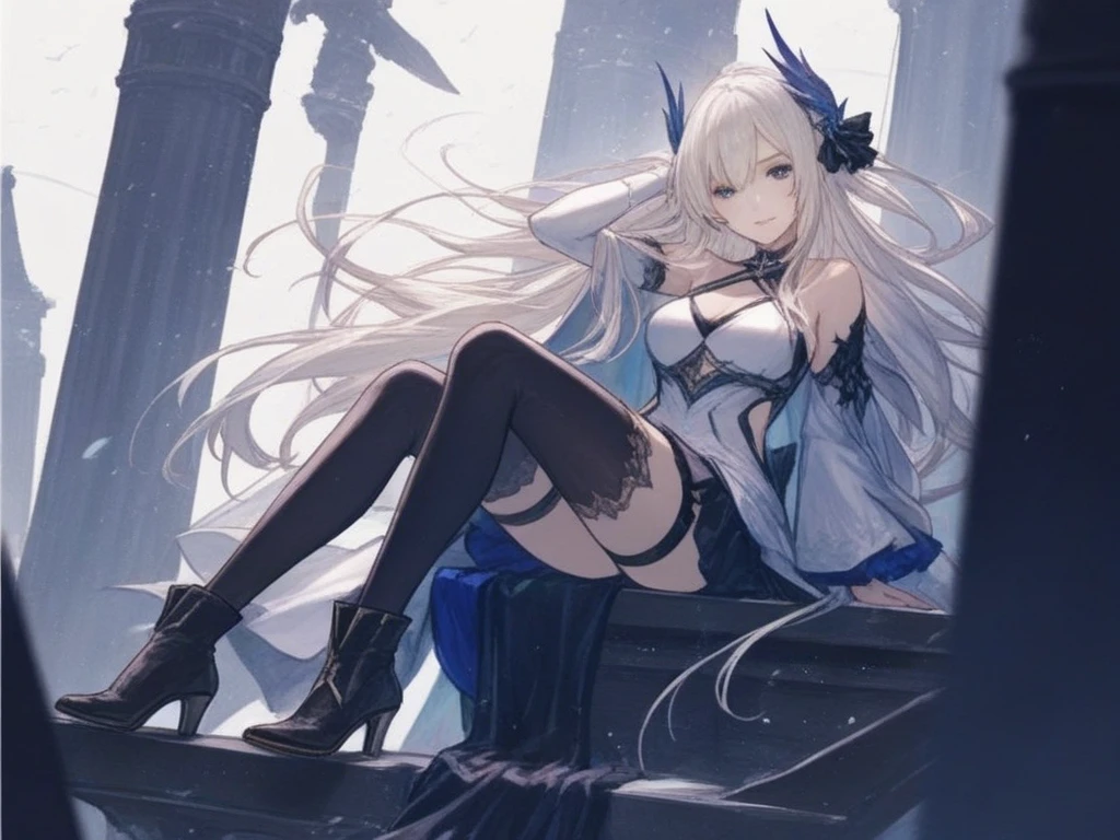 masterpiece, best quality,1girl, breasts, solo, glowing blue eyes, detailed eyes, morgan le fay (fate), long hair, bow, looking at viewer, two-tone dress, hair bow, ponytail, thighhighs, very long hair, dress, black bow, large breasts, wide sleeves, braid, black dress, cleavage, bangs, long sleeves, sitting, big throne, crossed legs, evil smile, <lora:morgan:1>, <lyco:GoodHands-beta2:0.5>, ayami kojima, <lyco:ayami-10:1.0>, <lora:more_details:0.5>