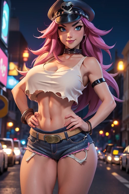 Poison_long_hair_aiwaifu,spiked hair,hat,big_hair ,very_long_hair,large_breasts,pink_hair,big_hair,peaked_cap,denim_shorts,cuffs,handcuffs,blue_shorts,tank_top,cleavage,short_shorts,makeup,chain,collar,riding_crop,lipstick,navel,abs,bracelet,choker,studded_collar,muscular_female,cutoffs,bangle,strap_slip,open_fly,crop_top,thick_thighs,midriff,chained,collarbone,belt_collar,poison_(final_fight),
masterpiece,best quality,ultra detailed, extremely detailed,highres,8k, perfect lighting,highly detailed,scenery,pose,straight-on,solo,looking at viewer,