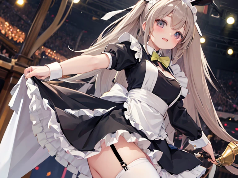 nsfw.Smile,aatomari, long hair, ahoge, twintails, hair bow, multicolored hair, rabbit ears, nsfw maid uniform, x hair ornament, thick eyebrows, choker, criss-cross halter, yellow necktie, bare shoulders, black gloves, frills, layered skirt, black skirt, single thighhigh,Beautiful and perfect legs, Clean and perfect hands,