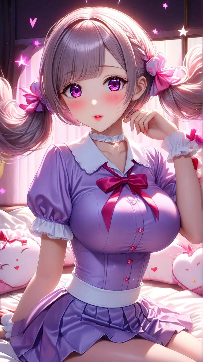 highest quality、(((Cute Kindergartener)))、cute hairstyle、cute colorful hair ribbon、colorful hair color、cute room、big smile、(cute panties、cute white tights、big boobs), hide your hands