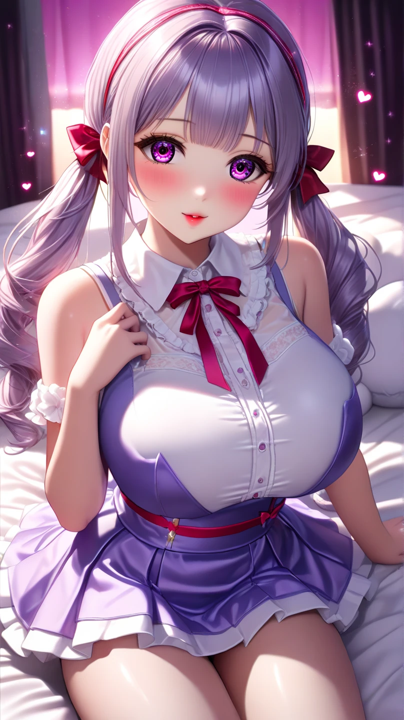 Absurd, Super detailedな,(In 8K:1.3),Masseter muscle area,(masterpiece:1.2)、(Highest quality)、4K、Super detailed、(Movement Structure:1.4)、(Shining Lights、Atmosphere lighting), High resolution, Best Quality、(One girl:1.4),Super detailedな,Bright colors、Treebreak Production Art、(Warm color light source:1.2),High-level image quality、Fine image quality、Intricate details,Volumetric Lighting,Realism BREAK、Profile、 Idol face、、Very beautiful face and eyes, Beautiful images、natural make up、 big eyes,、 (shoot from below:1.3)、 (to lift up one’s skirt:1.4)、(breast grab:1.2)、 (Big Tits:1.3)、(curvy body:1.2)、(glossy skin :1.5)、(Baby Face:1.5)、 (white background:1.4)、 (Light purple hair、blunt bangs、long hair、wavy hair、ponytail、Ahoge、Red ribbon:1.2)、 (detailed clothes features、bikini maid:1.4)、cleavage、 (smirk:1.2),