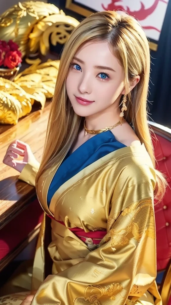 8K,Super Beauty(Like the real thing),Blue clothes,Beautiful views,Blonde curly hair,Hairstyle, Beautiful expression,blue eyes, Messy, I am proud, absurdes, Elegant long-sleeved mini dress with gorgeous embroidery, Cowboy Shot, Portraiture, (Highest quality), (Tabletop), (Very detailed), masterpiece,Highest quality photorealistic RAW photos。Backlight, Cinema Lighting, Film Grain, to be born, 50MM lens, Nikon D850,Ultra-Realistic Skin,Fantasy art,Character Art,Ultra-high resolution,Muscular and lean build,Perfect hands,Compensate,full body portrait,Dynamic pose,Very large breasts,Big smile,Long straight hair_Hair reaching down to the waist、From an oblique angle above