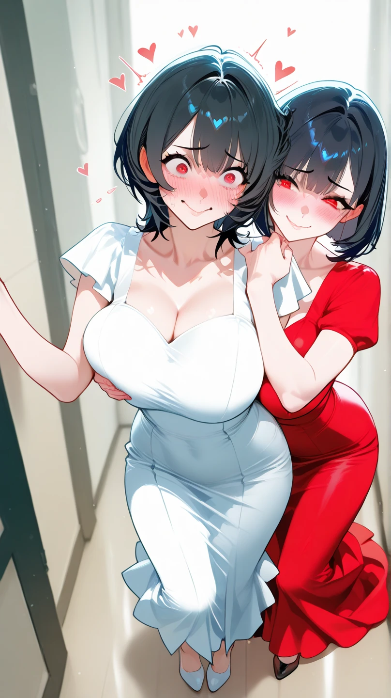 2girls, (((bimbo))), enormous fake breast, red dress, up close