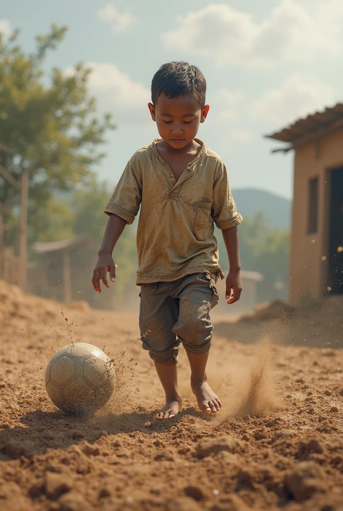 A wide image of a 5 year old boy playing with a football alone in front of an ancient Indian house, evening, sunset
