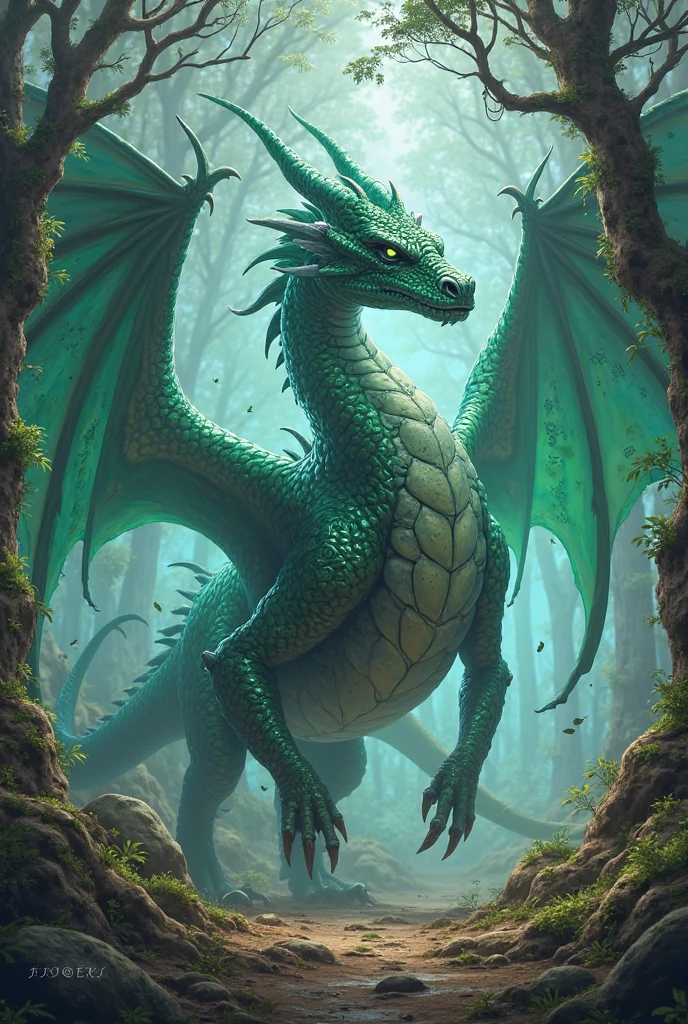 "A mystical dragon, guardian of the enchanted forest, its body covered in shimmering, emerald-green scales that blend seamlessly with the lush foliage. The dragon's eyes glow with a serene, ancient wisdom, and its wings are adorned with delicate, leaf-like patterns. It is surrounded by an aura of gentle light, illuminating the forest floor covered in vibrant flowers and ancient trees. Ethereal mist swirls around its form, adding to the sense of magic and mystery. The background features towering trees with intertwining branches, dappled sunlight filtering through the canopy, and glimpses of woodland creatures peeking out from the undergrowth. Highly detailed, hyper-realistic, soft lighting, harmonious composition."