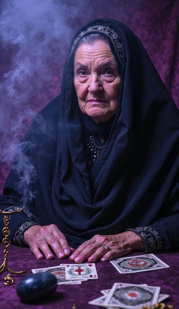 Elderly woman between 60-65 years old, White skin, with a turned-up nose with European ancestry, wiccan, with long nails, a certain resemblance to a witch, with black clothes, marked features, with long nailss y un tabaco en la mano y decoración de hierbas secas y sahumos, In the background an image referring to Wicca.