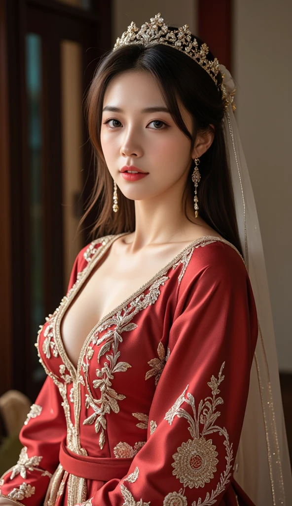 ((Marian Rivera)), (8K, Best Quality:1.2), Seductive smile, NSFW:1.5, (Huge breasts), (masutepiece:1.37), (Photo, Photorealistic:1.37), (Super high resilience body, Walking Pose, shot from front, Beautuful Women、A MILF、色気のあるBeautuful Women、妖艶なA MILF、Huge breasts、Sex appeal is amazing、in an obscene manner、Solo、looks like the queen of sweden、wearing a richly decorated veil、wearing a tight and erotic dress、Wear with voluminous, full-length pieces embellished with embroidery and jewels.、wears gorgeous shiny jewelry、She wears a luxurious tiara that shines like a jewel..、With a bewitching smile、Open the crotch、Showing cleavage, Looking at Viewer, (Background of the old castle:1.2), arms crossed over the chest Photographed by Canan EOS R6, 135 mm, 1/1/2.8, ISO 400