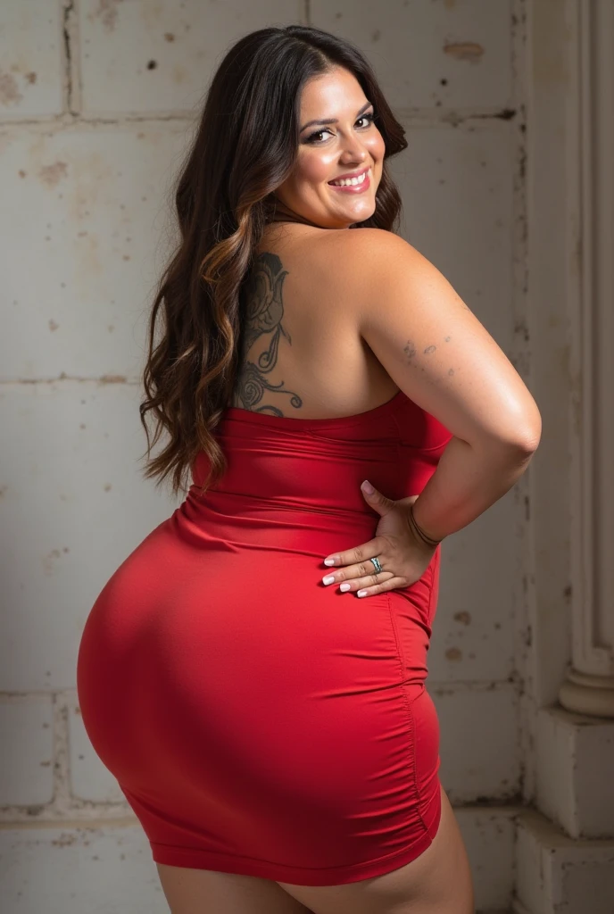 Una mujer gordita de pechos prominentes, vestida con vestido rojo ajustado, she shows her backside , curvilimiea gordita lineas de guitarra, boluptuosa