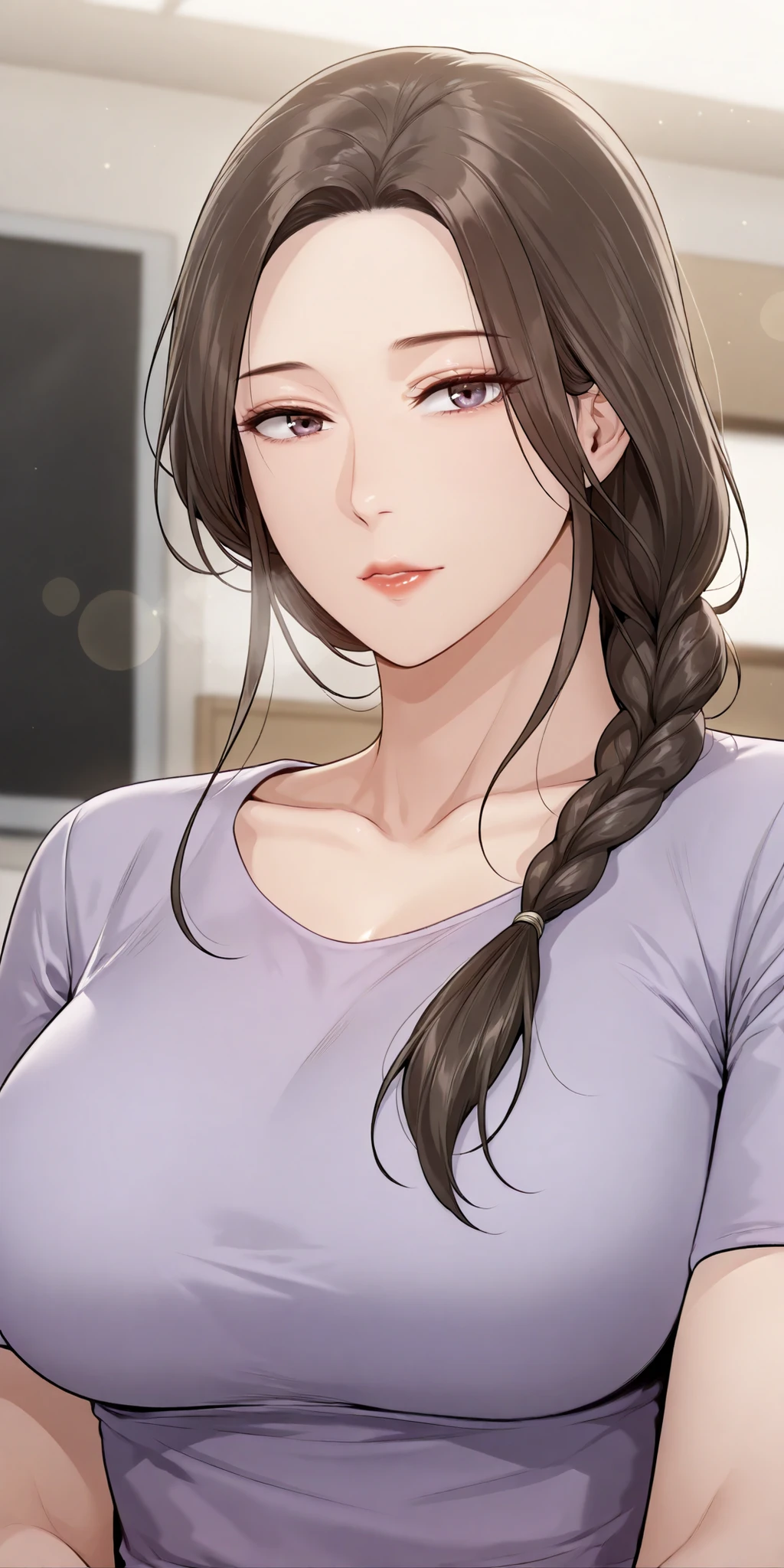 masterpiece, best quality, 8k wallpaper, hires, intricate details, soft lighting, studio shot, simple background, dynamic angle, bokeh background, rating_explicit, beautiful, upper body, looking at viewer, 1girl, solo, mature female, MrsAhn, brown hair, long hair, single braid, hair over shoulder, large breast, purple t-shirt, short sleeve, highly detailed