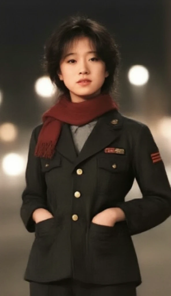 masterpiece, (best quality:1.2), solo, (1girl), ((asian)), clear facial features, black eyes, ((dark skin)), makeup, looking at viewer, ((black hair, Pompadour Haircut )), ((( British Auxiliary Territorial Service (ATS) Uniform: Khaki, service dress with jacket and skirt, shirt and tie, service cap, rank insignia ))), she is smiling, retro, cinematic, high contrast, spot light, full body shot, action scene, (( WWII, Japanese Command Center, Traditional Japanese architecture elements, military equipment, maps, samurai swords as decoration )) , by Josef Koudelka )) , <lora:PAseer-SD15-LCM Quick:1>  <lora:skinny_new_skin:.3>  <lora:Polaroid669:1> <lora:j14n16:1> j14n16