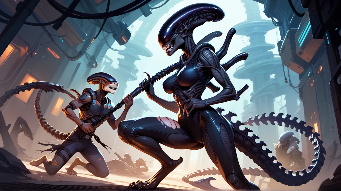 a woman fighting with a xenomorphic alien