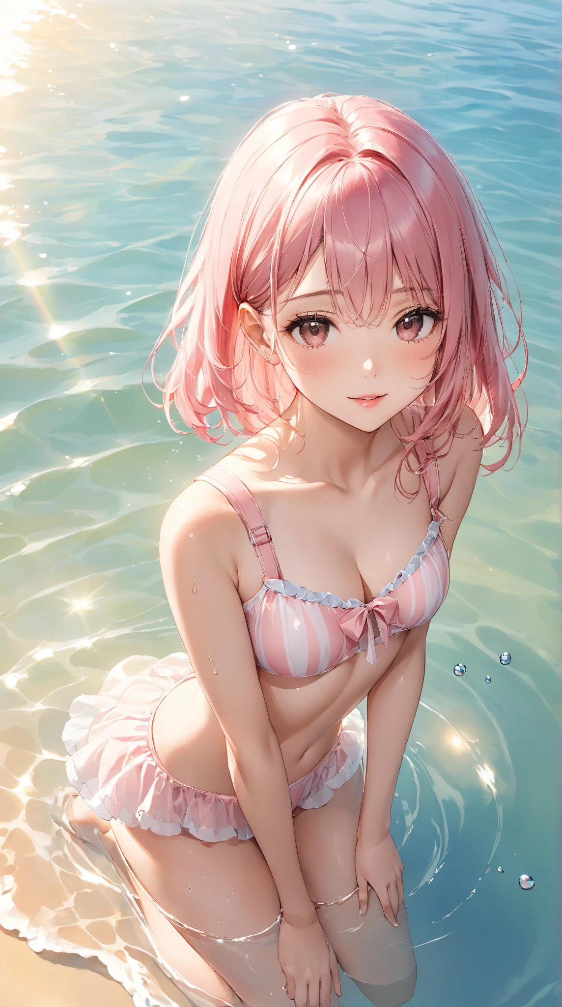 Pink Hair、Under both ears2Three-bun hairstyle、Swimwear、Blushing、Pink Bikini、Random erotic poses、locker room、Spread your legs、Glamorous expression、