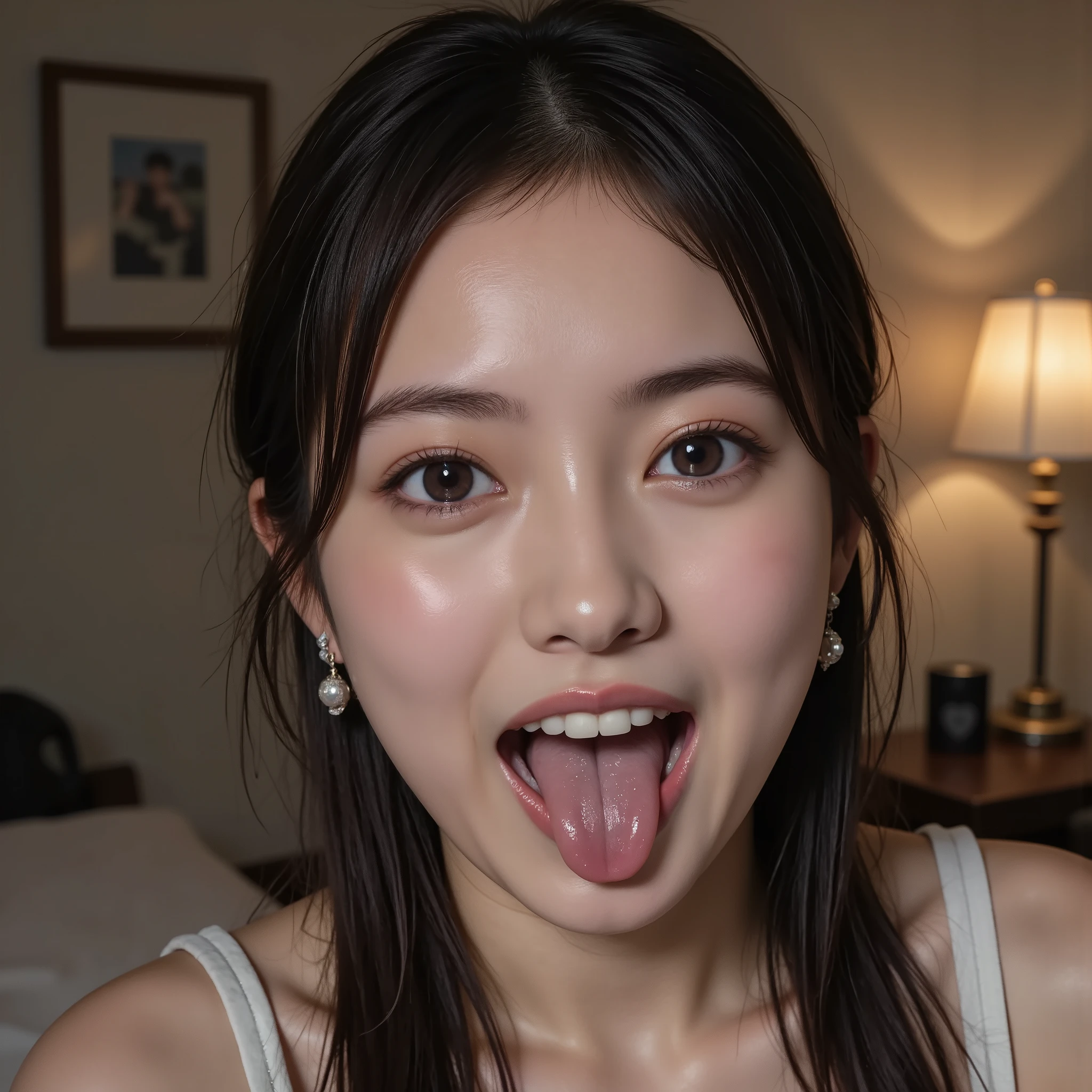 Highest Masterpiece Quality, (super realistic, from below high definition, highest resolution, Realistic color saturation , professional quality, perfect contrast, (Movie Lighting), (Bright elevator background ), (Correct Anatomy ), (A beautiful 24-year-old Japanese top idol), ((She sticks out her tongue and has a provocative sexy look:1.15)), (Head to ankle shot :1.2), (shooting away from the subject:1.7), , BREAK,
(Super cute face, Silver brown hair, Ponytail, Highlighting F-cup breasts, Slightly heavy make-up on a gyaru, BREAK,
(Light beige silk satin lace camisole), (She wears a super tight off-white mini skirt), Glitter lame light blue stockings are beautiful:1.2),BREAK,
Well-Trained Body, Slim body with a small waist, (Beautiful, shapely long legs), (puri legs), (A perfect anatomically correct body), perfect breasts, perfect arm, (Perfect Legs), thin waist, big butt, perfect and detailed cute faces, BREAK,
(slimy, shiny, Oil-skinned woman),