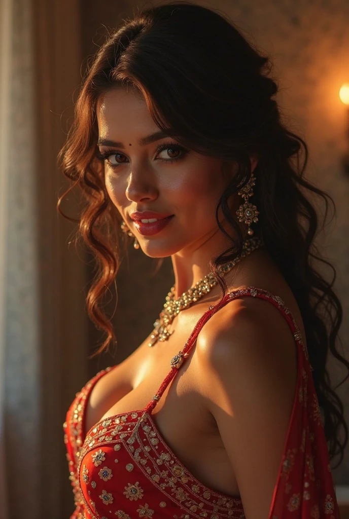 topless portrait of A confident-looking indian woman, in red wedding attire , princess with long flowing hair, hazel eyes, designer jewellery, visible big breast, sitting in wdding , bokeh, sunset time, perfect composition, hyperrealistic, super detailed, 8k, high quality, trending art, trending on artstation, sharp focus, photo shoot, intricate details, highly detailed, art by greg rutkowski