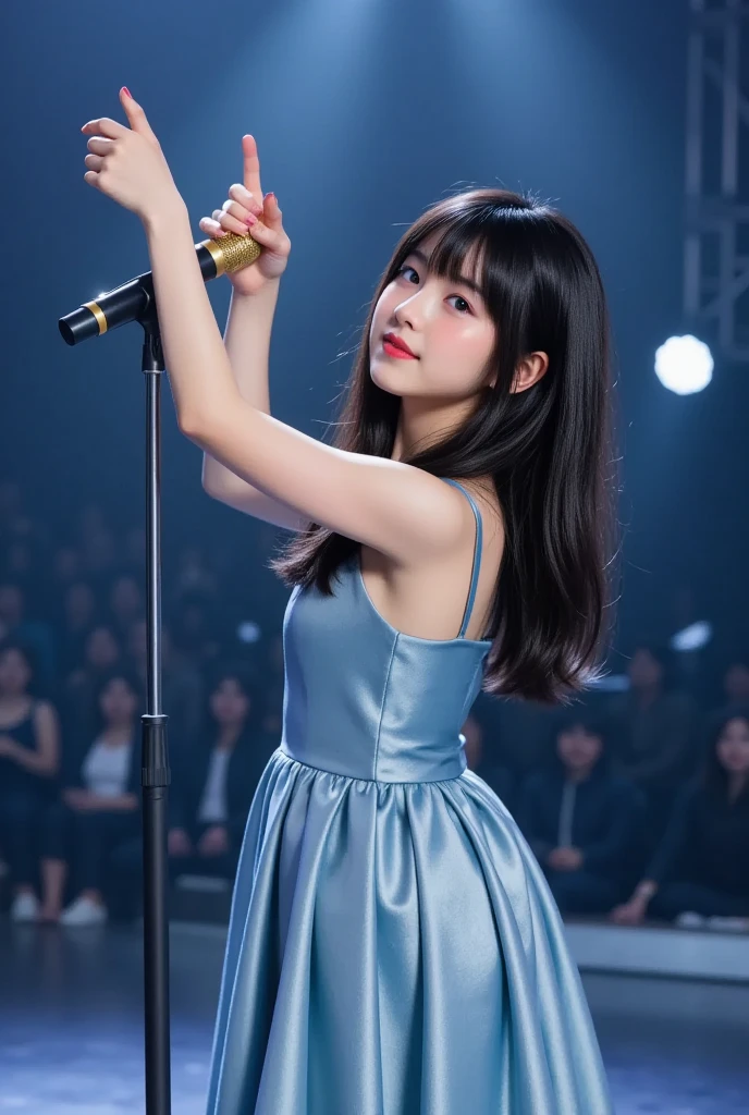 1girl,a photograph of young gorgeous woman,kpop idol, (perfect face), detailed eyes, narrow waist,eyeliner, eyelashes, looking at viewer,(masterpiece, high quality:1.2),(idol stage),singing on stage, (microphone)