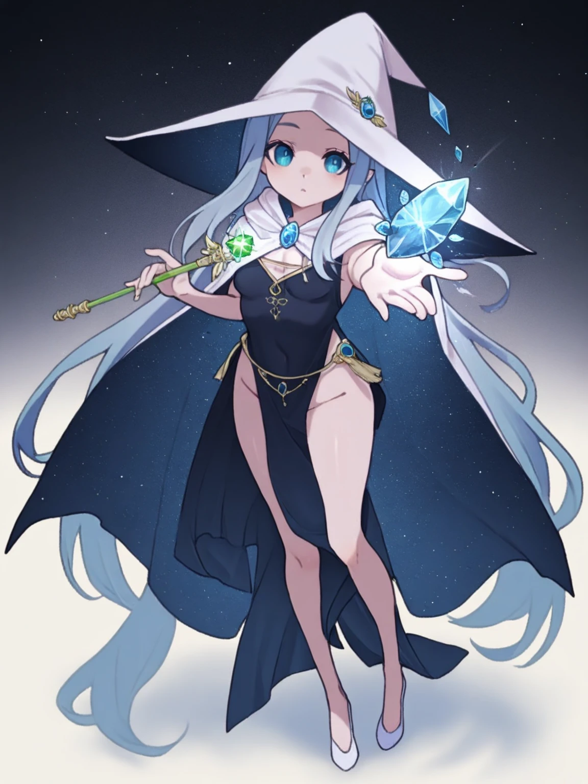 1girl, superhero, holding wand, witch academia, superhero sorceress witch, glamorous angewoman digimon, sky witch, by Aguri Uchida, maya ali as an ice mage, white tuxedo, leotard, solid white leotard with florescent blue accents, bare legs, white thigh-highs, winter boots, (white witch hat, white hair, long hair, bangs), green eyes, beautiful detailed eyes, beautiful detailed face, cute face, slightly large breasts, smile, one eye closed, looking at viewer, playful, flirty, age 16-18, solo, solo focus, wonder, full body portrait, cowboy shot