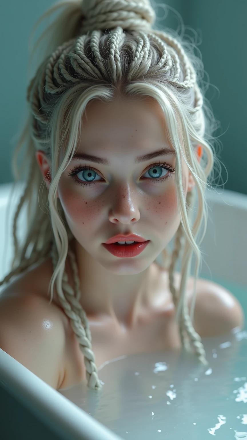 Hot girl, white hair, green eyes, washing the hair