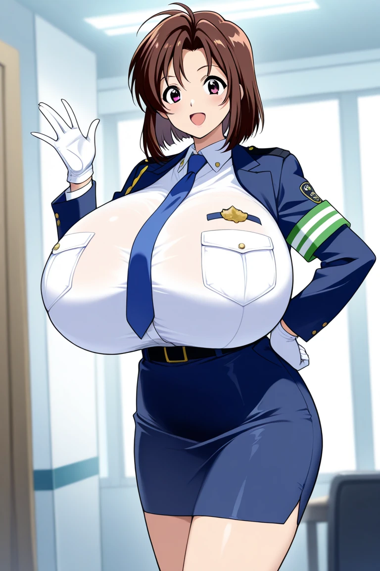 (Perfect body),Best Quality,(8K Portrait),(anime screen cap)、((Police Woman)),Police Hat、blush,Sweat,((large udder))、(Dark hair),((bob cuts))、Yellow eyes,(thick thighs),((((Navy blue leotard))))、White knee socks、adult woman、((A smile))、Cowboy Shot、(Navy blue jacket)、showing teeth、(((Hands behind the head)))、Armpits、(((Chibi)))