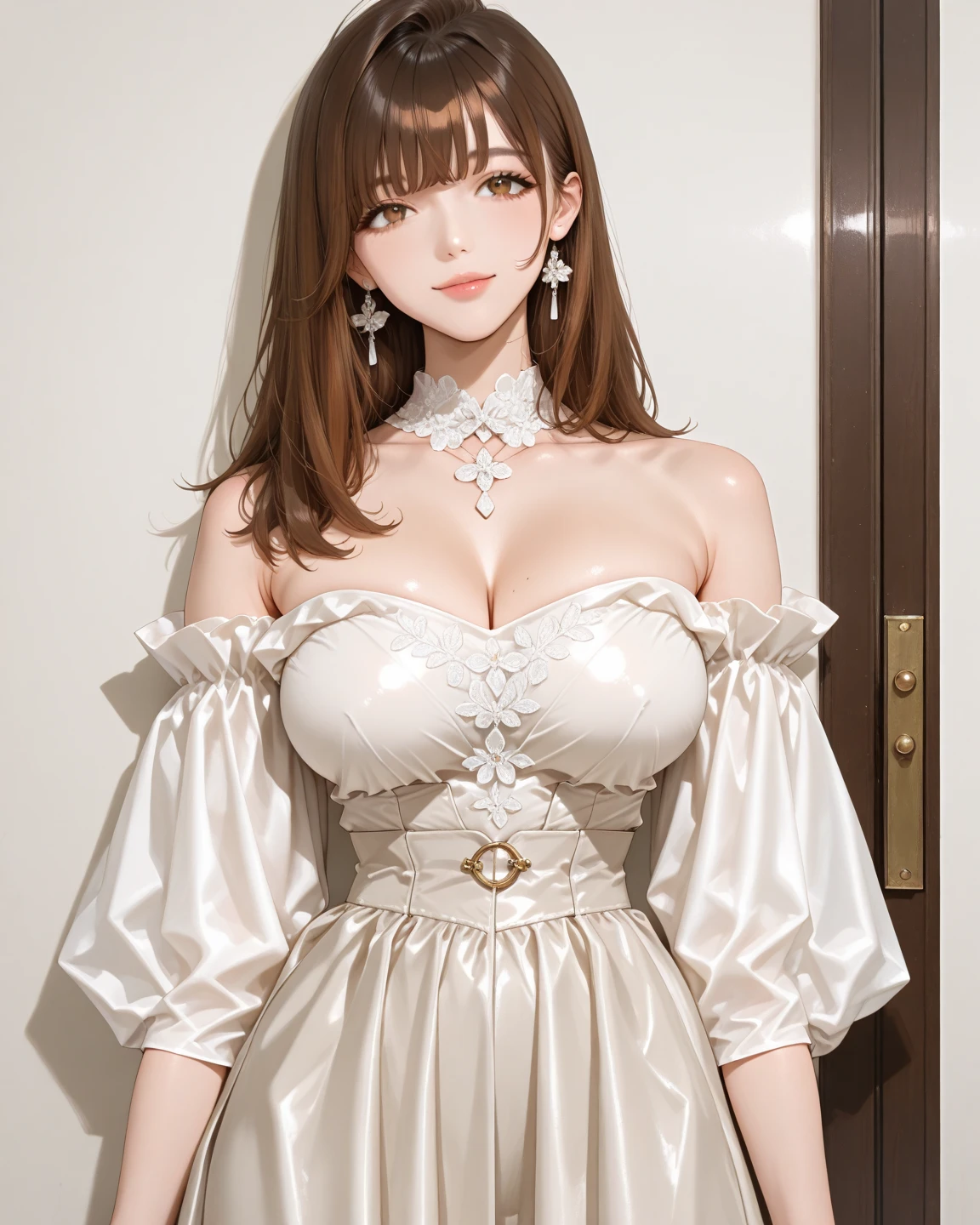 A lady with extraordinary temperament, she stands in a modern indoor space, as if she is a model from a fashion magazine. She is wearing a (pure white long fur cape), the softness and luster of which makes her look more noble under the light, and complements her (beige dress) underneath, showing her gentle temperament while maintaining a sense of fashion. The style of the dress is simple and generous, a perfect match, and it lengthens her figure, making her tall and charming. The lady's makeup is delicate and elegant, which just highlights her facial features and makes people unforgettable at first sight. Although the earrings and necklace she wears are not ostentatious, they add a bit of sophistication and nobility to her overall look. Her hair is casually draped over her shoulders, and every strand of hair exudes a natural luster,, (best quality,8k,highres,masterpiece:1.2),ultra-detailed,(realistic,photorealistic,photo-realistic:1.37),studio lighting,ultra-fine painting,sharp focus,physically-based rendering,extreme detail description,professional,vivid colors