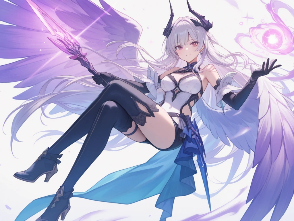 fantasy, 1devil_girl, low_teen, platina_blond_hair,long_bangs, bare_shoulder, navel out, thighhighs,silver_armor, red_leotard,waist_armor, Glebe, hold_swords, large_tits, dynamic_floating_pose,Floating,(pelvic_curtain:1.3), silver_Headgear ,looking_down_at_sunrise_city_sky_background,,slightly_spread_legs,solo,horn ,smile,,open_legs,open_arms,rise_knee,rise_leg,rise_thigh,rise_leg,apart_legs,fang,Shiny_gold_eyes,crotch