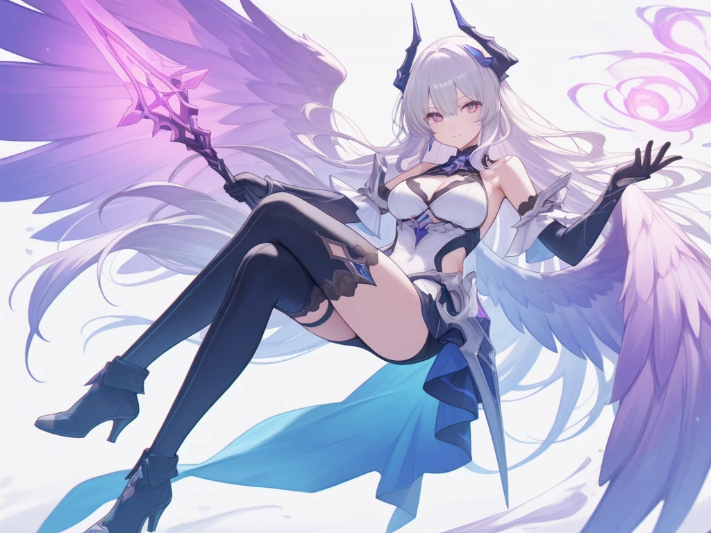 fantasy, 1devil_girl, low_teen, platina_blond_hair,long_bangs,, bare_shoulder, navel out, thighhighs,silver_armor, white_clothes,waist_armor, Glebe, hold_swords, large_breasts, dynamic_flying_pose,Floating, (1pair_bat_wings:1.2),(pelvic_curtain:1.3), silver_Headgear ,looking_down_at_sunrise_city_sky_background,,slightly_spread_legs, some_swords,some_swords_floating_around_the_girl,solo,horn ,smile,,open_legs,open_arms,rise_knee,rise_leg,rise_thigh,rise_leg,forward_leaning_posture,apart_legs,fang,Shiny_gold_eyes,crotch
