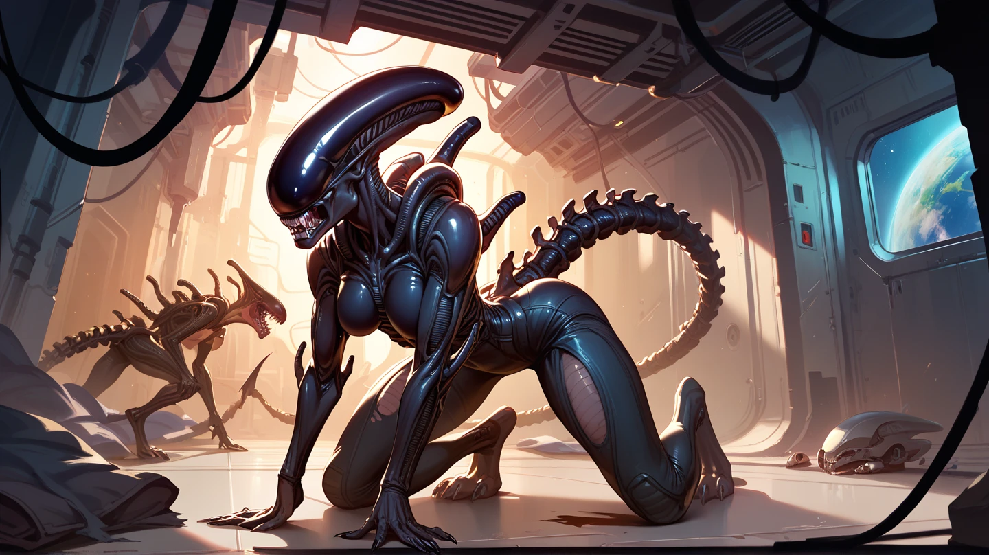 ((best quality)), ((masterpiece)), (detailed), an alien creature, (hr giger inspired), (velociraptor form), pale, milk-white skin, translucent skin, smooth skin texture like a dolphin, no hair, round head, (bulbous head), (xenomorph head), (atrophied eye sockets), (smooth face), (bright prominent gums), (a long tongue like an elephant trunk coming out of the mouth with a squid-like beak at the tip), (protrusions along a skeletal ridged back), (breathing holes on the chest), elongated limbs, a tail that splits into three tentacles, (tentacles with spikes instead of suckers), (walking on long skinny arms), where the legs would be is another set of arms that are used for grabbing, H R Giger, Clive Barker's The Thing, xenomorph, predator, Engineer, dinosaur, sci fi horror, cosmic horror