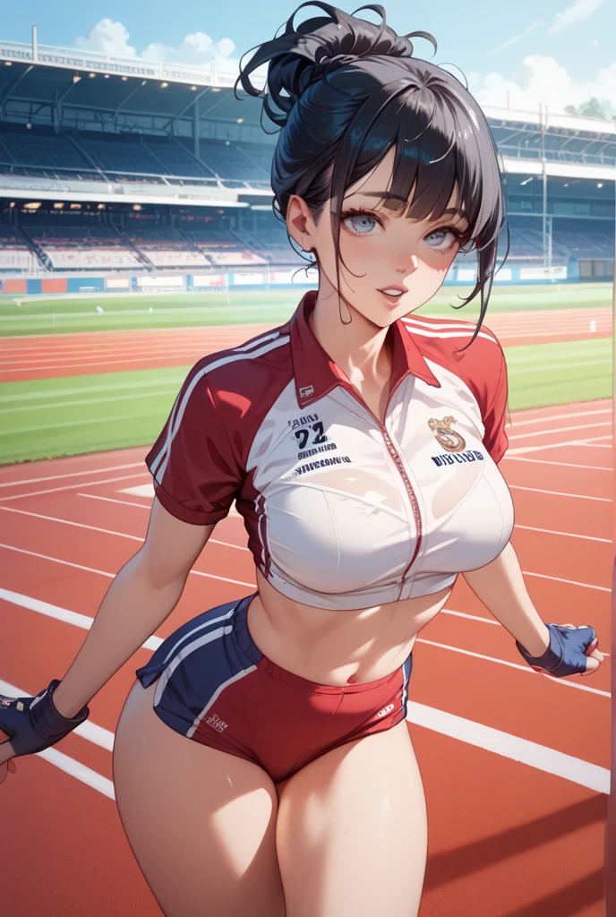 (((UHD)), ((highest quality)), ((masterpiece)), (Very detailed), (High resolution), (Beautiful detailed sparkle), (High detail), (Anatomically correct)), ((Realistic)), ((The best CG)), Ultra-detailed art, CG illustration, 8k, 1080P, Photorealistic:1.37,  Anime 2D Rendering,

(((One Woman))), 
(Symmetrical facial features:1.4, Perfect Face), Beautiful clavicle, (Beautiful fingers), (((Beautiful breasts, Slightly smaller chest))), 
Beautiful body, Beautiful thighs, Beautiful feet, Perfect round butt, (((Detailed skin, Oily skin, Textured skin, Beautiful white skin:1.4))), 

(((Baby Face, cute, 20-year-old))), 
(Droopy eyes, Expression of fine eyes, Beautiful and delicate eyes, Sparkling eyes, Eye Reflexes, Dark Eyes), 
(Beautiful Nose,Thin Nose), 
(Smaller mouth, Glossy Lips, Beautiful Lips, thick lips), 

(Beautiful Hair, Shiny Hair, Shiny Hair), Hair fluttering, (((Black Hair, Long Hair))), 

(Track and field uniforms:1.4)、Earrings、
BREAK 

(Angry、Glaring、Screaming),  
BREAK 
(arena、(Dynamic Pose:1.4, Aggressive Pose:1.4)), ((Character Focus、Full Body Shot、full body))

