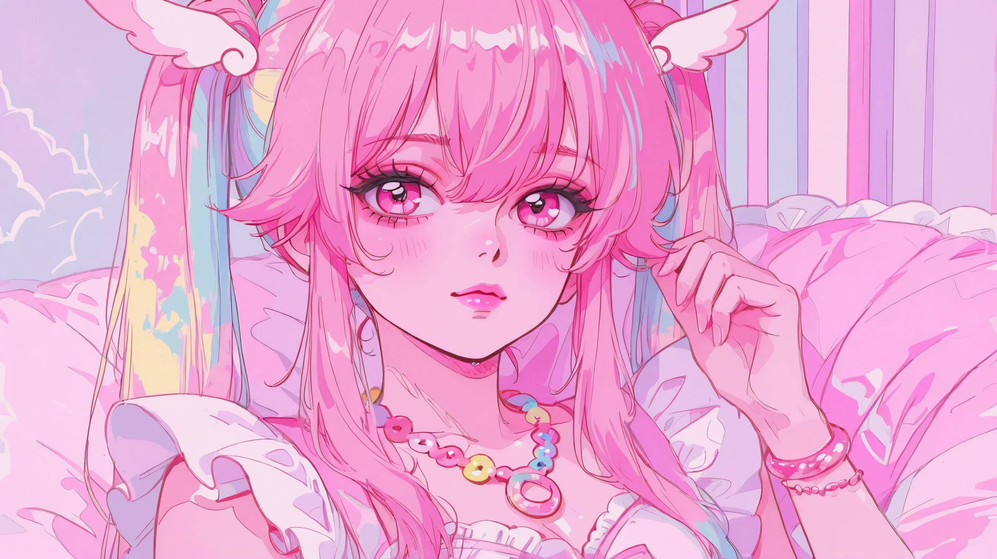 Pastel colors, one girl, 80s attire, cute pink eyes, pink lips, top quality, crfPastel colors, one girl, 80s attire, cute pink eyes, pink lips, top quality, cul bracelets, colorful necklace, pastel hair (twin tails),