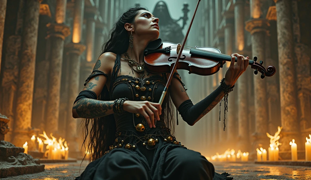 Create a masterful and portentous hyperrealistic book cover of a beautiful woman ,, in a fitted gothic dress with garters, with lots of jewelry,  With long black hair he is playing a violin ,  brown eyes and pale red lips , with sensual face, big breasts, l in a background a classic epic background that women are more to the right of the image