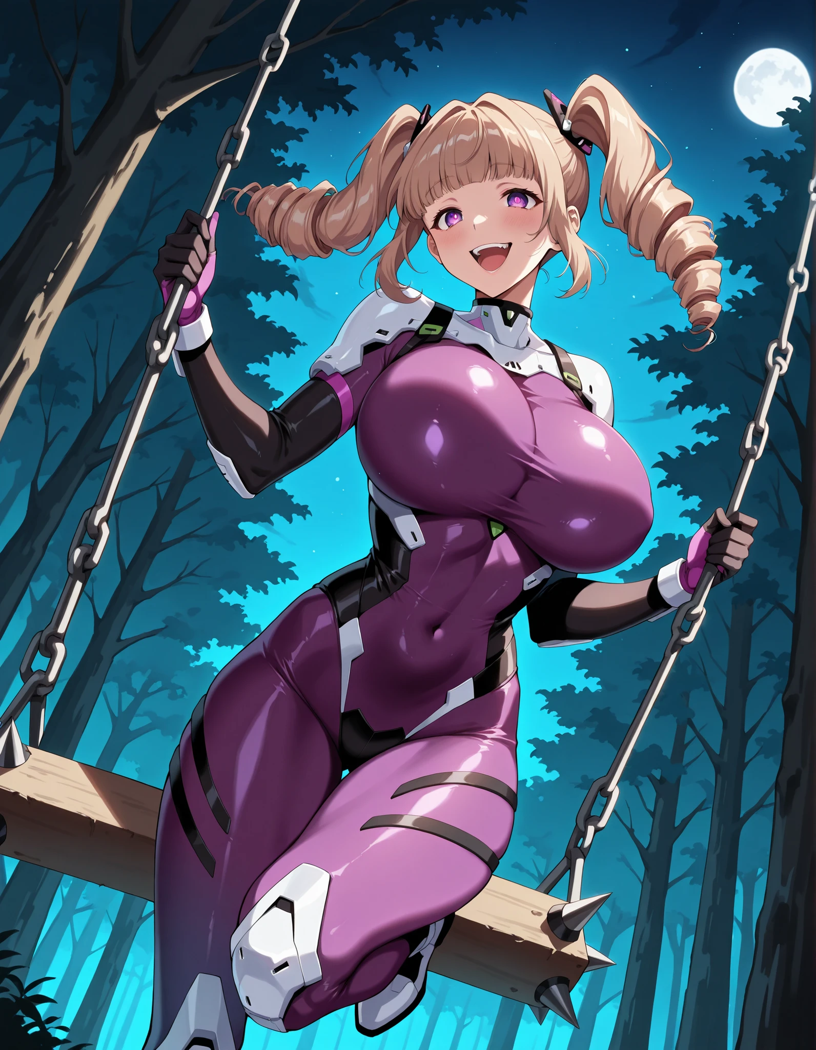 Score_9, score_8_up, score_7_up, source_anime, Bakako, solo, ochre hair, twin drills, purple eyes, gal, huge_breasts, (best quality), (high quality), {masterpiece}, extremely delicate and beautiful, ultra-detailed, beautiful detailed eyes, ruanyi1072, purple bodysuit, ninja, skin tight, armor, forest, night, jumping, dynamic pose, swinging weapon, spiked mace, swing effect, crazy smile, crazy eyes, open mouth, teeth