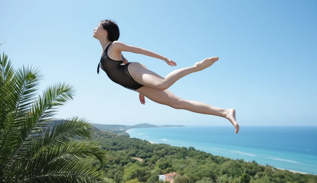 A beautiful Japanese woman in her late 20s with a bob cut is skydiving in the sky４０００Meters、She is sensual、Micro Bikini、Very sexy swimsuit、She has her arms and legs spread wide and is having so much fun.！
