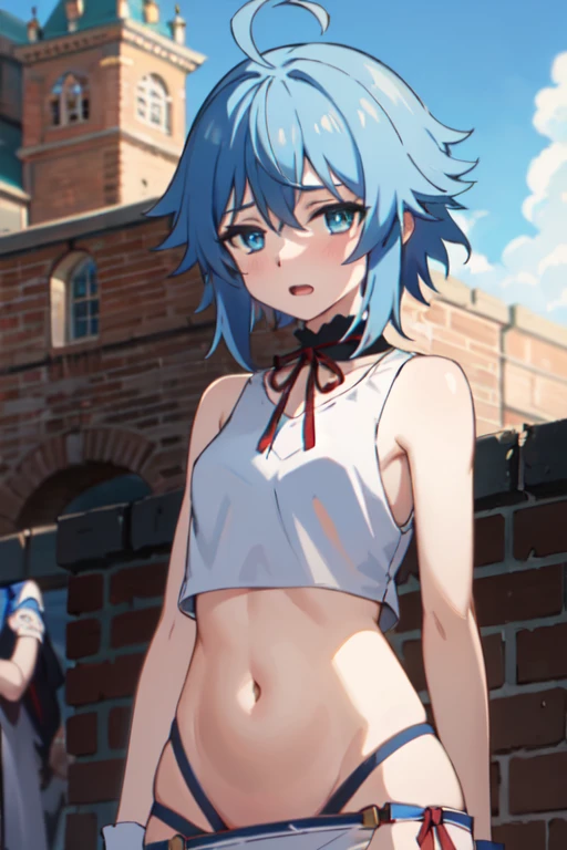 NSFW,One girl,hoshimachi suisei,blue eyes,Blue Hair,choker,Hair between the eyes,Medium Hair,Side Ponytail,スターchoker,Small breasts,Jacket,cropped,Shorts,Thigh straps,Downtown at night,Narrow Alley,(Perfect hands),(Perfect Anatomy),(masterpiece),(highest quality)