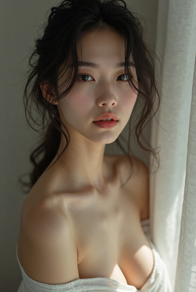 (Realistic) Insanely beautiful asian lady with messy bun hairstyle, blue eyes so beautiful that makes heaven looks pale , cute and attractive facial expressions, insanely soft skin lika an angel , natural skin color, natural breasts, godly perfect body (highly detailed) , cinematic lightings , wearing a simple yet angelic dress (highly detailed) , incredible alluring lips , sitting on a highly detailed throne , full body image highly detailed from top to bottom