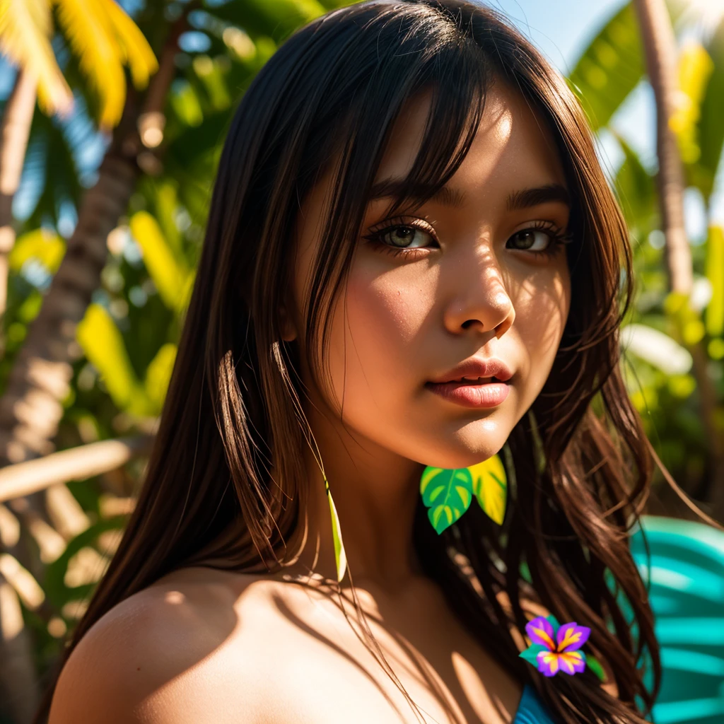 Mila is captured in a candid moment, the bright strokes of coral orange and unconventional shades of green highlighting her features. The glow effect adds depth, making the scene come alive with vibrancy.