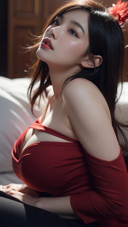 A woman with the same face as last time,4K、1Man Woman、Slender Abs、Wearing a red dress poses for a photo, sexy dress, Open V chest clothes, , sexy dress,Doesn't come with a cup,wearing braless、Nipples erect、 captivating and enticing、full body Esbian.Attractive position、 Including face and skin texture.,Detailed eyes、Seducting look