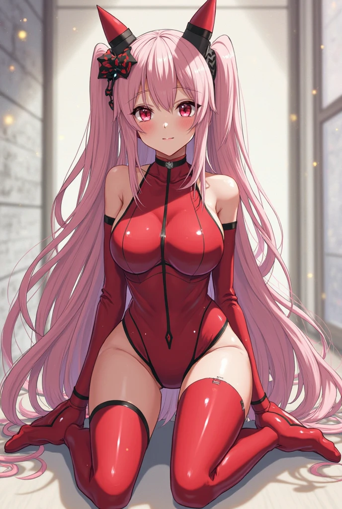 zero two \(darling in the franxx\), darling in the franxx, 1girl, bangs, biting, blush, covered navel, eyeshadow, green eyes, hair behind head, hand on hip, horns, smile, long hair, looking at viewer, makeup, medium breasts, pilot suit, red suit, pink hair, red eyeshadow, science fiction, skin tight, solo