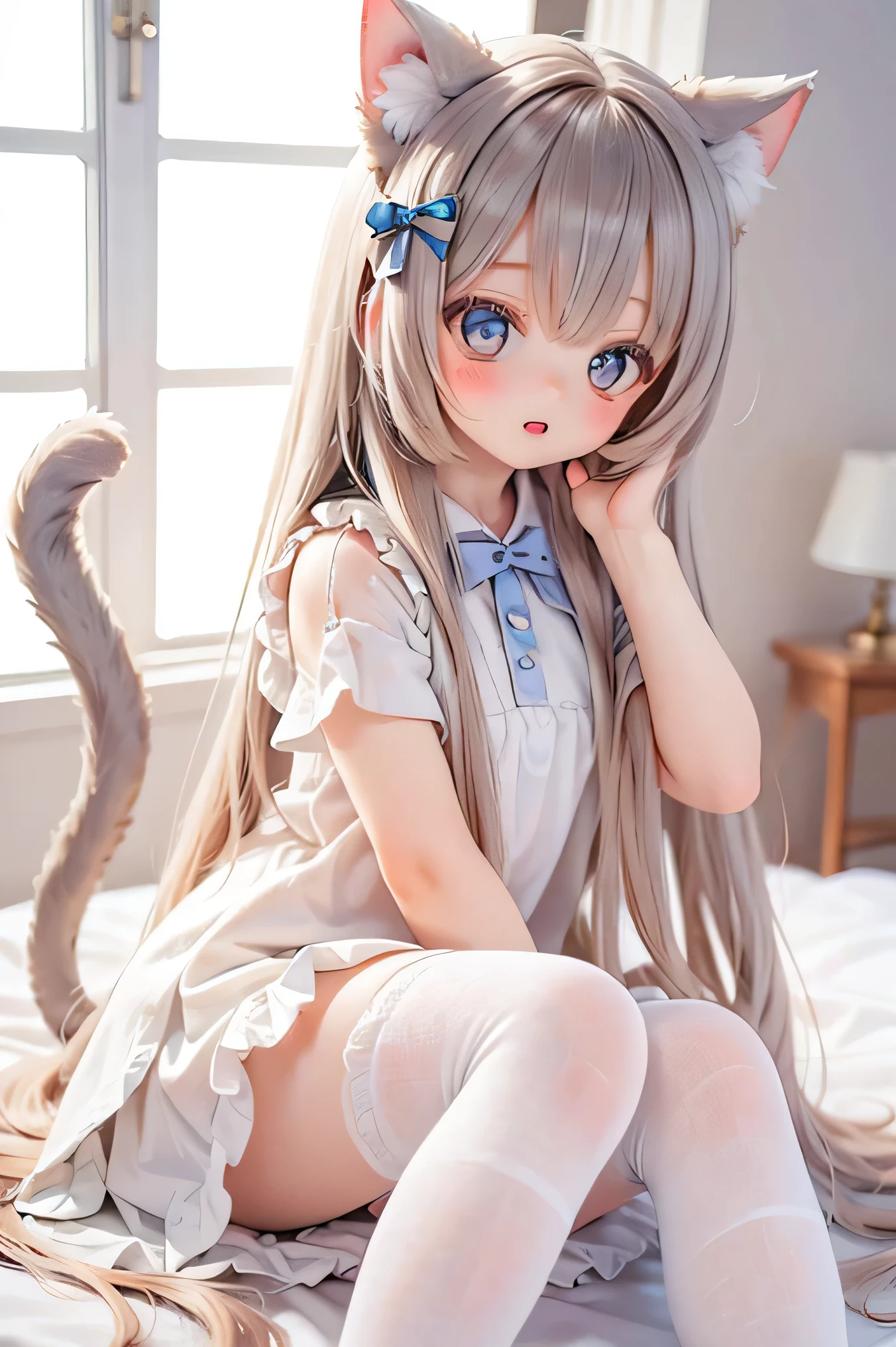 Blonde girl sitting on the floor with legs crossed, nekomimi, white cat girl, attractive cat girl, anime girl cosplay, anime catwoman, beautiful young catwoman, very beautiful and cute catwoman, anime cosplay, very beautiful anime cat girl, female furry mini cute style, white (cat) girl, cute anime catwoman, cat ears and tail, wet, transparent t-shirt