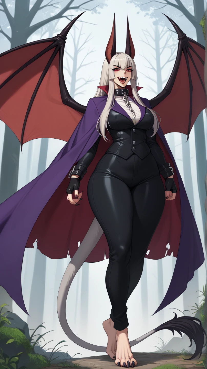 morrigan aensland, blond hair, tunic, pants, sensual curvs, curvy, huge breast, priestess,red eyes, feathered wings,angel halo, horns, standing ,full body, religious, prirestess, pullover, tunic, pullover