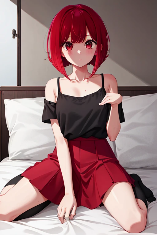 Short girls、White camisole、Slightly transparent、Bright red long skirt、Lift up your skirt with both hands、Showing off cute white underwear、barefoot